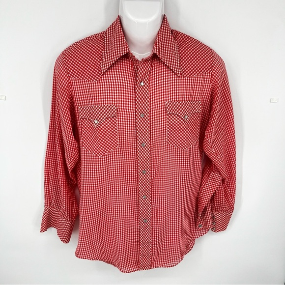 VTG JC Penney Western Apparel Red White Gingham Long Sleeve Pearl Snap Shirt - Picture 1 of 11